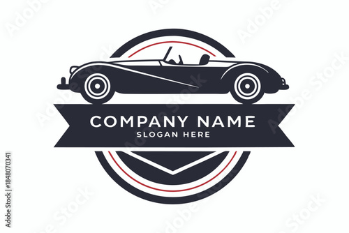 Classic Car Silhouette Emblem with Circular Ornament and Text Banner on White