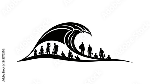 Silhouetted group of people on a wave: concept of migration, journey, challenge, and unity