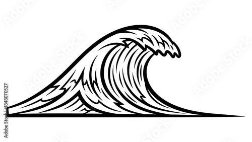 Stylized black line art of a large ocean wave breaking on a white background