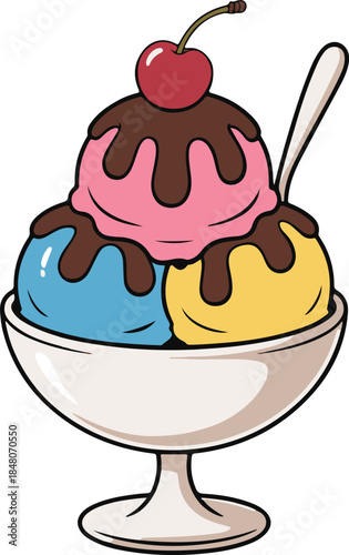 Ice cream sundae, playful dessert vector illustration