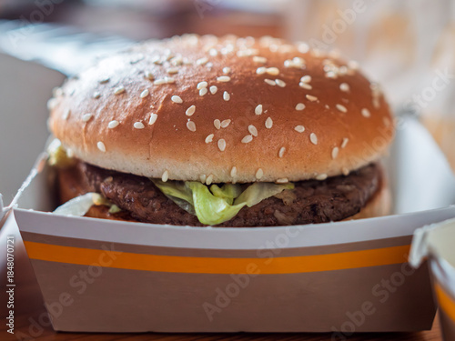 Delicious Cheeseburger with Lettuce in Sesame Seed Bun