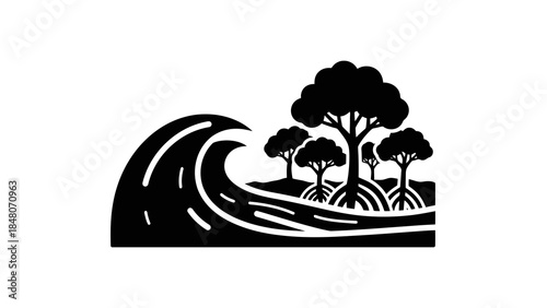 Stylized graphic of a breaking wave approaching a mangrove forest with exposed roots.