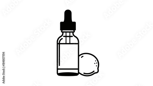 Lemon essential oil bottle with dropper and fresh lemon fruit icon illustration