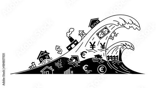 Financial tsunami engulfing houses, factories, and currency symbols in a wave illustration