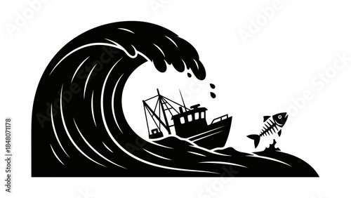 Fishing boat struggles in a giant wave near a skeleton fish illustration