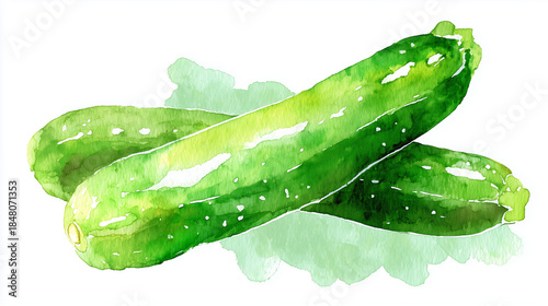 Watercolor Illustration of Whole Zucchini Courgettes Isolated on White Background – Modern Minimal Botanical Vegetable Art
