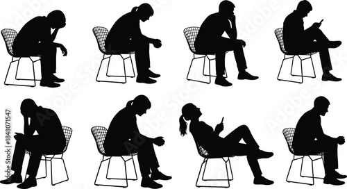 People sitting silhouette collection showing thinking, waiting, phone use, stress, posture, and modern lifestyle concepts in minimalist chair scenes