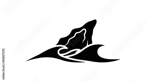 Stylized black silhouette of a rock formation emerging from waves on a white background.