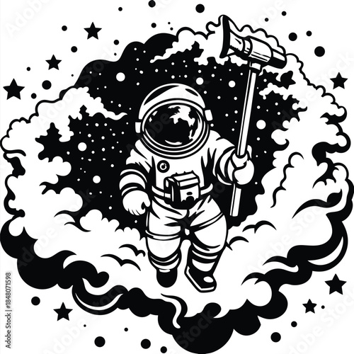 Monochrome Astronaut on Cloud, UFO, Starry Sky, Planet Design