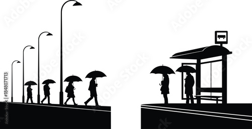 People waiting at bus stop silhouettes with umbrellas on rainy day, urban public transport commute, city street lifestyle illustration concept
