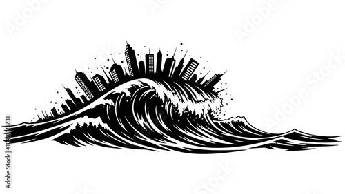 Massive wave engulfing city skyline silhouette, symbolizing environmental disaster and chaos.