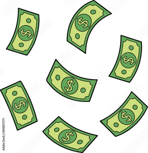 Floating dollar bills with outlines, energetic and lucrative vector illustration