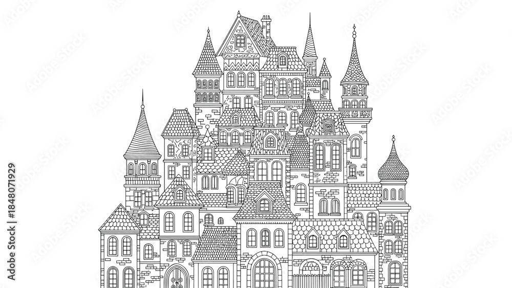 Fototapeta premium Intricate black and white line art of a fantastical European-style old town or castle with many windows, towers, and detailed roofs.