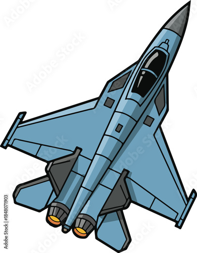 Supersonic fighter jet with glowing thrusters, high-altitude vector illustration