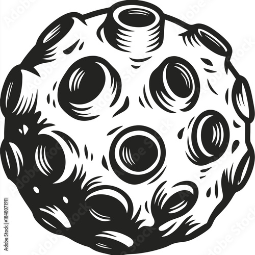 Silhouette of Falling Meteor with Space Debris and Craters on Isolated White Backdrop