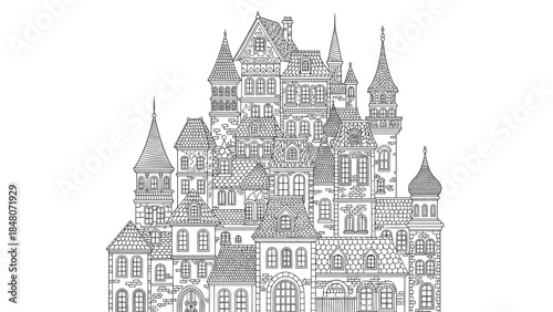 Intricate black and white line art of a fantastical European-style old town or castle with many windows, towers, and detailed roofs.