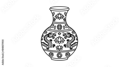 Traditional chinese vase with dragon and lotus flower outline illustration