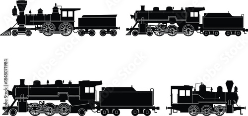 Steam Locomotive Silhouette Vector Set | Classic Vintage Train Engine Illustration