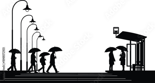 Rainy city silhouettes of people walking with umbrellas at bus stop, illustrating urban commute, public transport and modern city lifestyle