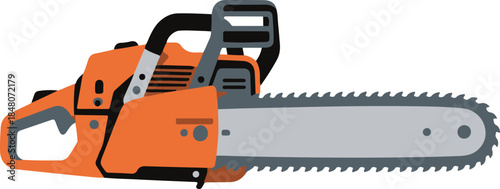 Orange gasoline chainsaw, flat industrial style vector illustration