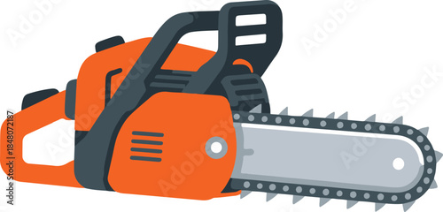 Compact orange gasoline chainsaw, modern flat vector illustration