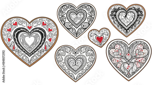 Whimsical Heart Illustrations Featuring Intricate Patterns and Romantic Accents