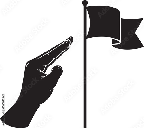 Silhouette of a hand saluting a black flag on a flagpole