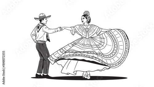 Couple Dancing in Traditional Folk Dress in a Classic Illustration.