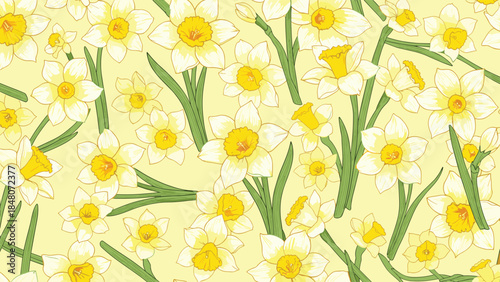 Cheerful seamless floral pattern featuring beautiful hand-drawn yellow and white daffodil flowers on a coordinating light yellow background.