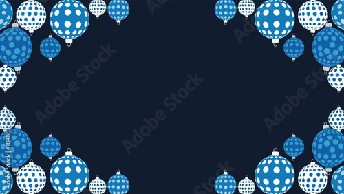 Modern Christmas holiday background featuring a corner frame of blue and white polka-dot baubles against a dark navy blue backdrop.