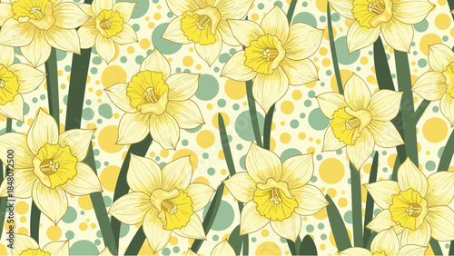 Cheerful seamless spring pattern of yellow daffodil flowers with green stems, set against a playful background of colorful polka dots.
