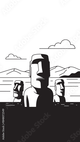 Ancient Moai statues towering over a rugged coastline and distant hills.