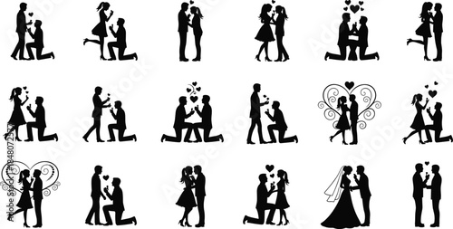 Romantic couple proposal silhouettes showing love, engagement, wedding moments, kissing and hugging poses for Valentine, marriage, and relationship illustration collection