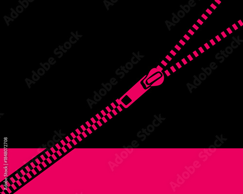 Diagonal zipper line with slider on vivid pink and black background, bold modern fashion fastener illustration for apparel, textile and graphic designs. Vector illustration.