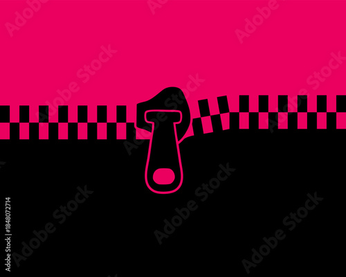 Centered zipper pull with teeth on contrasting black and pink background, minimal fashion fastener element for clothing design and modern graphic use. Vector illustration.