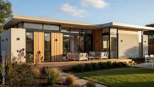 Modern home with stylish patio and garden in sunny day