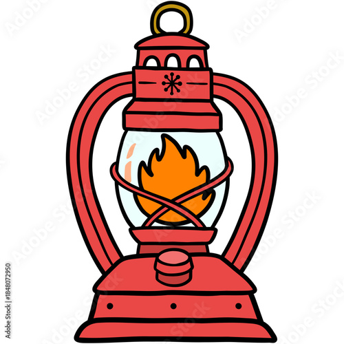 red oil hurricane lantern or lamp which vintage and antique with flame filled outline doodle hand-drawn