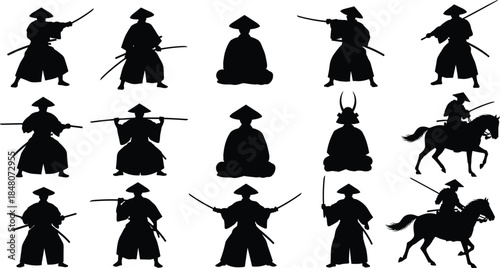 Samurai warrior silhouette collection featuring katana sword fighting stances, meditation poses, mounted cavalry scenes, and traditional Japanese martial arts characters