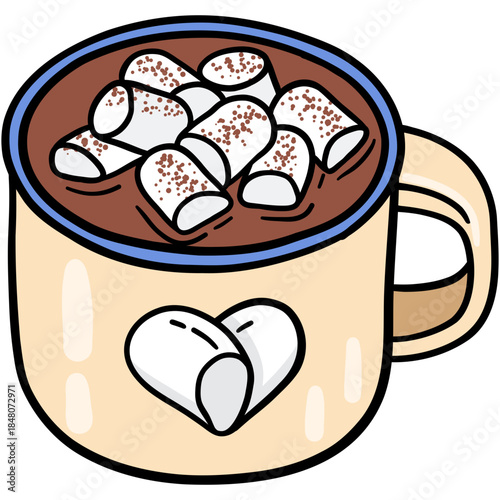 hot cocoa and heart marshmallow in enamel cup for wintertime of couple filled outline doodle hand-drawn