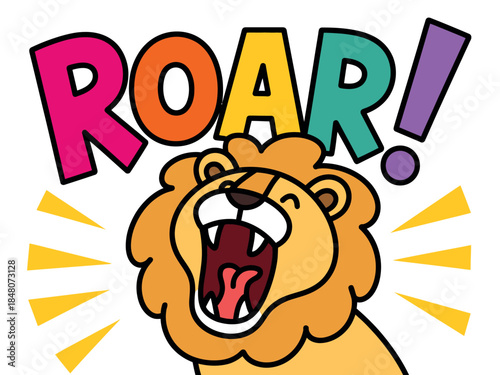 Colorful Cartoon Lion Roaring Loudly with Rainbow Text and Yellow Rays