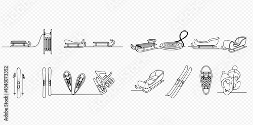 Winter Sports Equipment Line Art Collection: Sleds, Skis, Snowshoes, and More for Outdoor Activities.