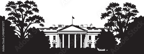 Silhouette of the white house with trees and flag