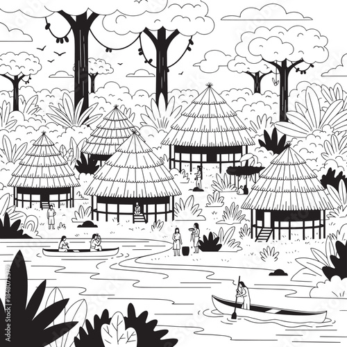 Illustrated tropical village scene featuring thatched huts on stilts by a calm river with boats and lush trees.