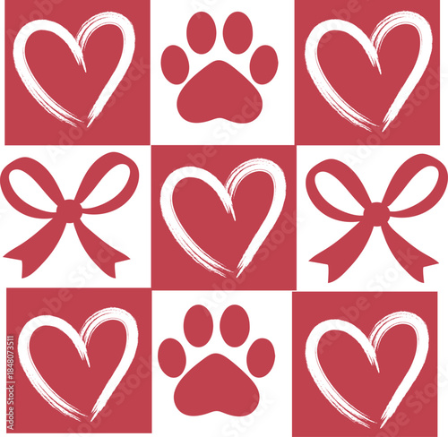 Retro Checkered Dog Paw Valentine Coquette T shirt Design