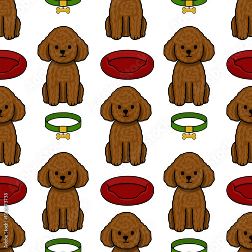 Adorable brown poodle dog and pet accessories seamless vector pattern with playful charm.