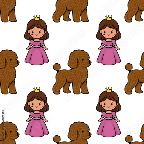 Charming vector pattern featuring adorable brown poodles and cute princesses in pink dresses, perfect for whimsical designs.