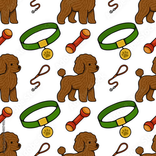 A charming vector pattern featuring playful brown poodles, leashes, collars with paw print tags, and chew toys, designed for pet-themed backgrounds and accessories.