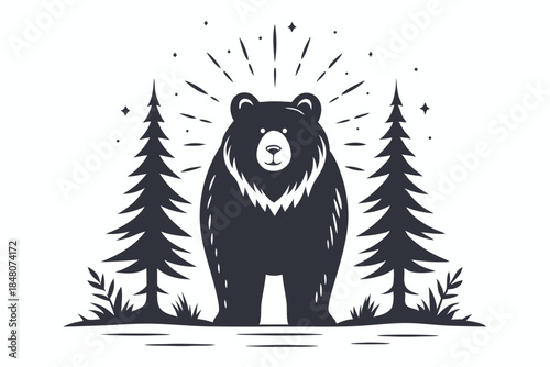 Minimalist Bear Illustration, Black and White Forest Silhouette with Burst, Nature Theme