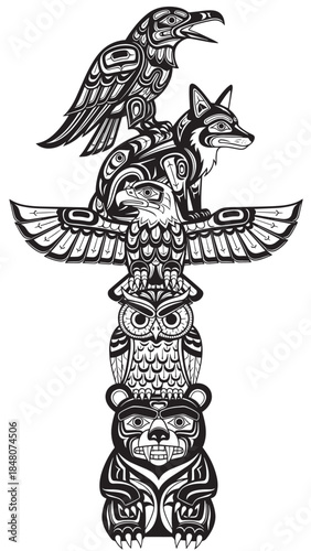 Intricately Carved Totem Pole Featuring Stacked Animals and Symbols.