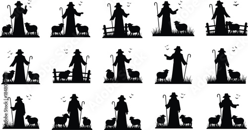 Shepherd with sheep silhouette collection illustrating rural pastoral life, grazing livestock, countryside farming scenes, and traditional agricultural lifestyle